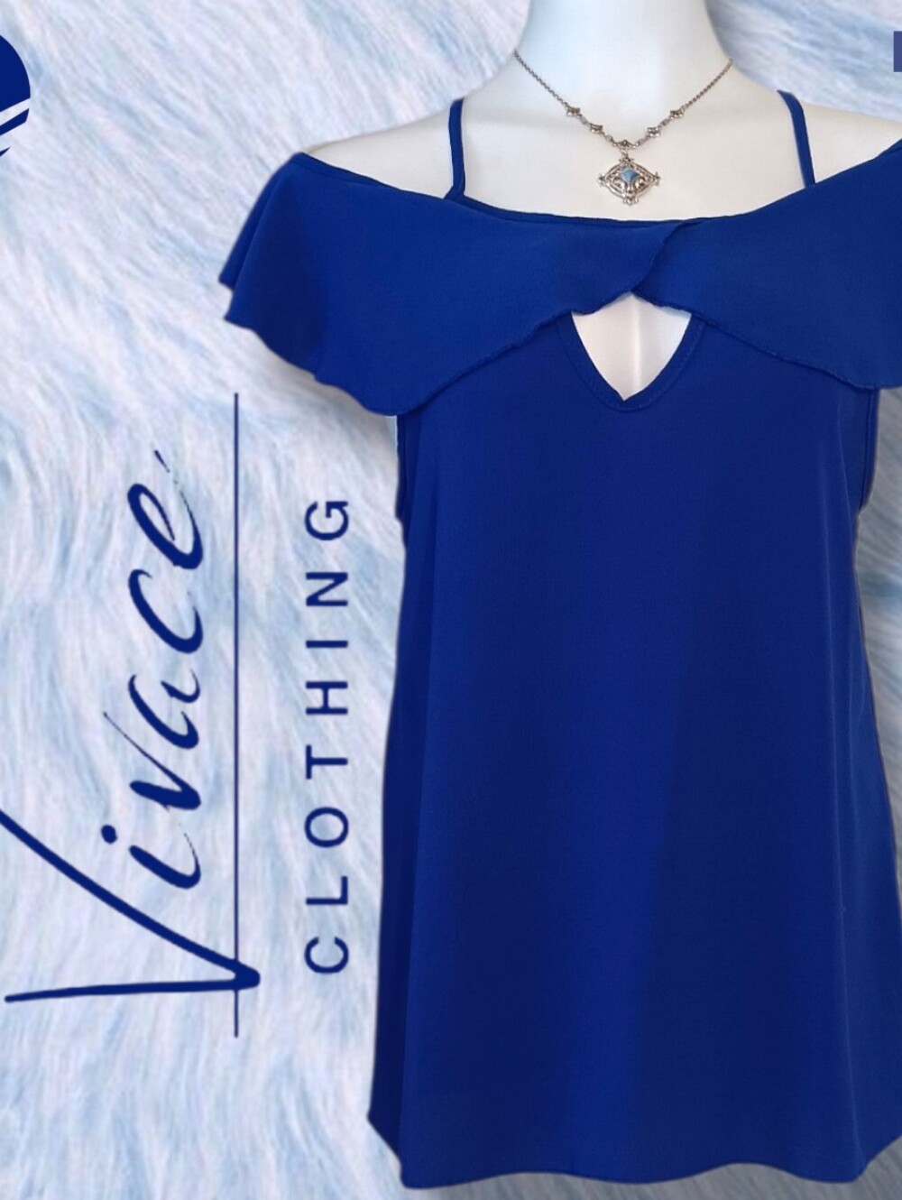 Vivace Royal Blue Cold Off-shoulder Ruffle Neckline Cut-out Blouse